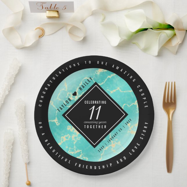Assiettes En Carton 11ème anniversaire de Mariage turquoise (Mariage)