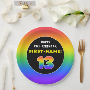 Assiettes En Carton 13e anniversaire : Arc-en-ciel coloré # 13, Nom pe