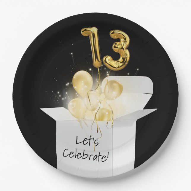 Assiettes En Carton 13e Anniversaire Ballons d'Or En Boîte Blanche (Devant)