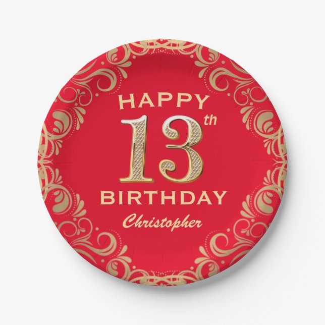 Assiettes En Carton 13e anniversaire Parties scintillant rouge et or c (Devant)