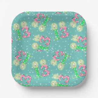 Assiettes En Carton 13e anniversaire vert et rose