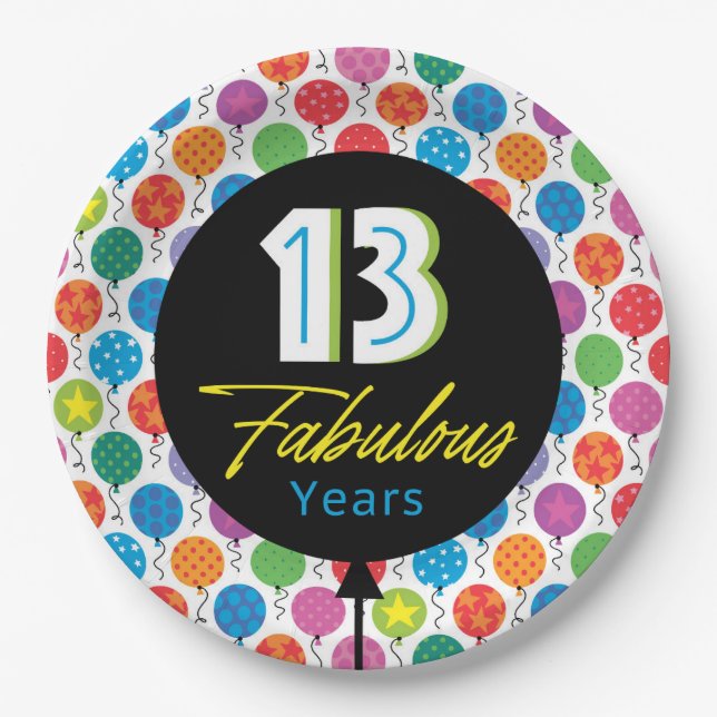 Assiettes En Carton 13e Joyeux Anniversaire Bright Graphic Balloon (Devant)
