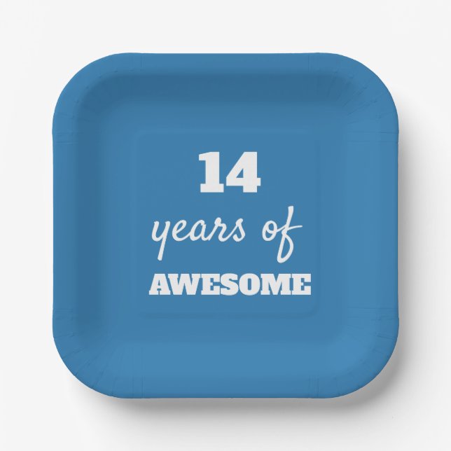 Assiettes En Carton 14 Ans d'Awesome - Bleu 14e Anniversaire (Recto)