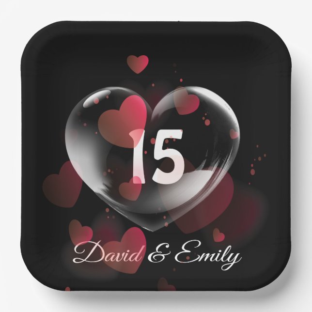 Assiettes En Carton 15e Anniversaire Bulle cardiaque avec Coeurs rouge (Recto)