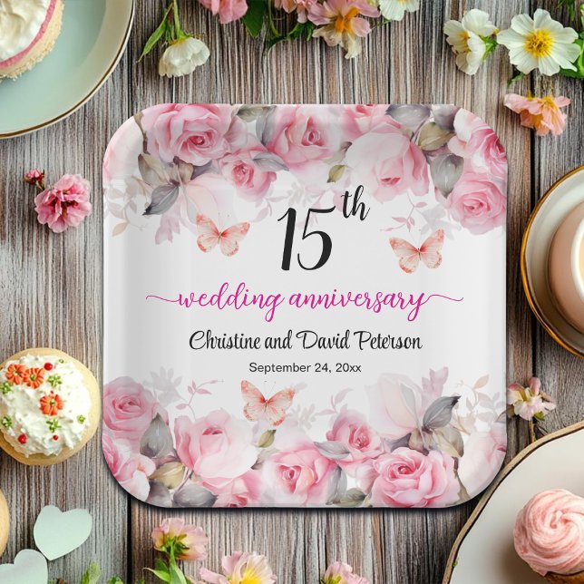 Assiettes En Carton 15e anniversaire de Mariage de cristal Roses blush (Créateur téléchargé)