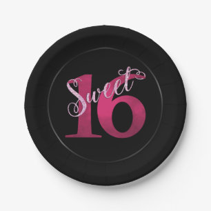 Assiettes En Carton 16 ans   Aquarelle rose et Faux Parties scintillan