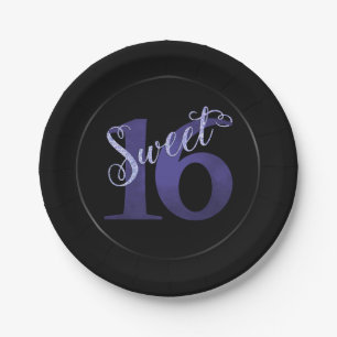 Assiettes En Carton 16 ans   Chic noir et violet aquarelle photo