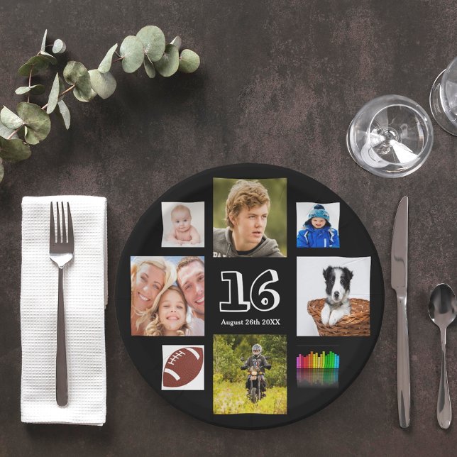 Assiettes En Carton 16e anniversaire fête photo collage garçon noir (Créateur téléchargé)