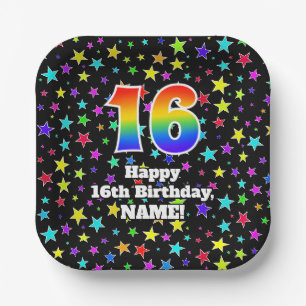 Assiettes En Carton 16e anniversaire : Fun Stars Motif et Rainbow "16"