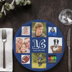 Assiettes En Carton 16e anniversaire photo collage marine bleu garçon