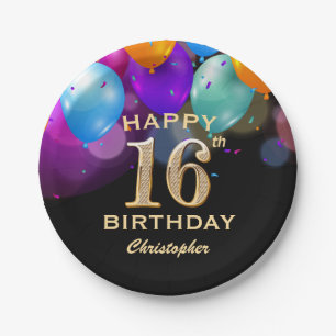 Assiettes En Carton 16e fête d'anniversaire Ballons noirs et or