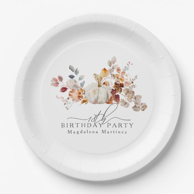 Assiettes En Carton 18e anniversaire Citrouille blanc automne Fleurs P (Devant)
