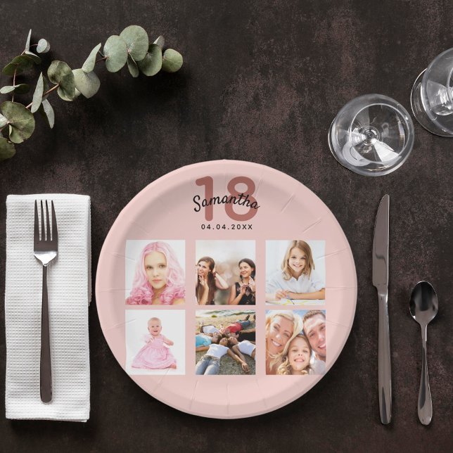 Assiettes En Carton 18e anniversaire fête personnalisée photo rose or  (Créateur téléchargé)