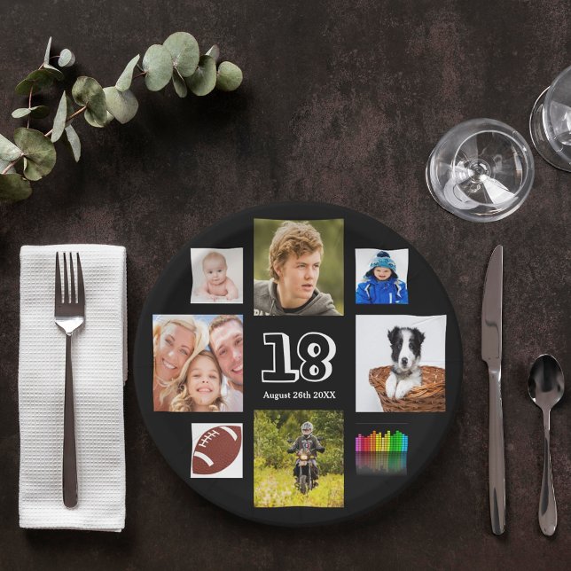 Assiettes En Carton 18e anniversaire fête photo collage garçon noir (Créateur téléchargé)
