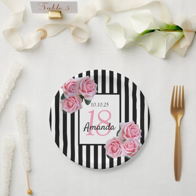 Assiettes En Carton 18e anniversaire fleurs roses noir blanc rayures (Mariage)