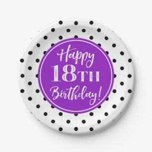 Assiettes En Carton 18e fête d'anniversaire Points noirs violets blanc