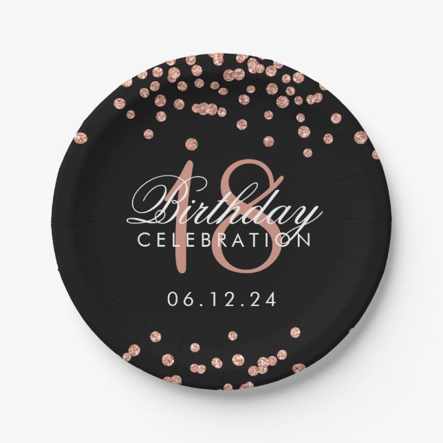 Assiettes En Carton 18ème Noir rose de confettis de parties (Devant)