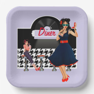 Assiettes En Carton 1950 Diner lavender noir & blanc à damiers
