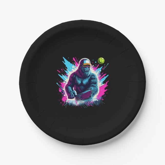 Assiettes En Carton 1980 Bigfoot Sasquatch Jouer au Pickleball 2 (Devant)