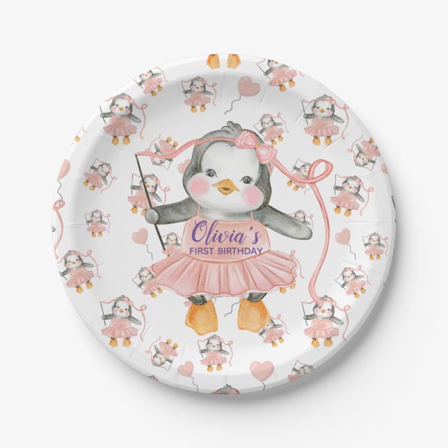 Assiettes En Carton 1er anniversaire Ballerina Penguin rose (Devant)