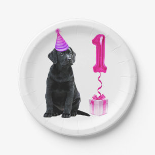 Assiettes En Carton 1er Anniversaire Chiot Thème - Mignonne Chien Rose