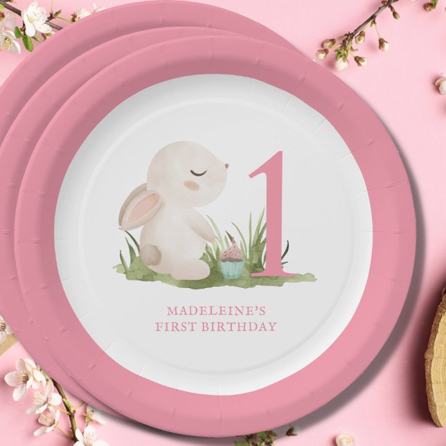 Assiettes En Carton 1er anniversaire de la fille Lapin Rose (Créateur téléchargé)