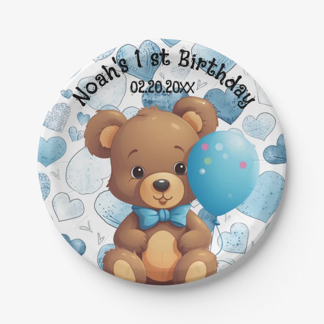 Assiettes En Carton 1er anniversaire garçon Nom personnalisé (Devant)
