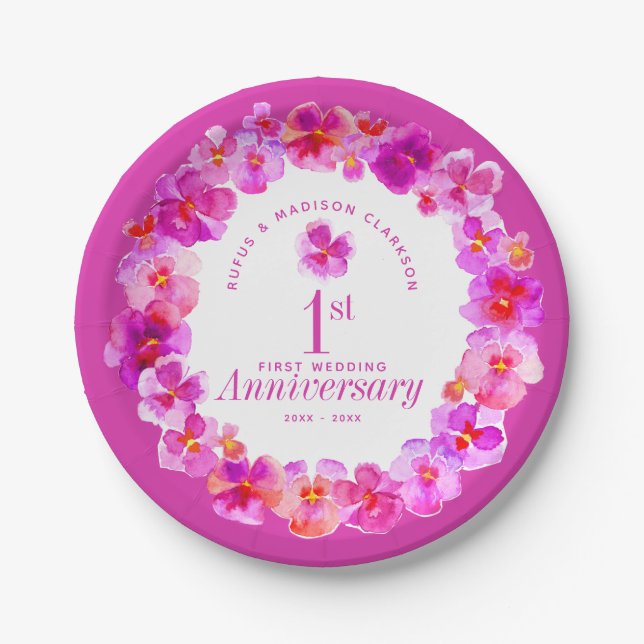 Assiettes En Carton 1er anniversaire mariage fête rose (Devant)