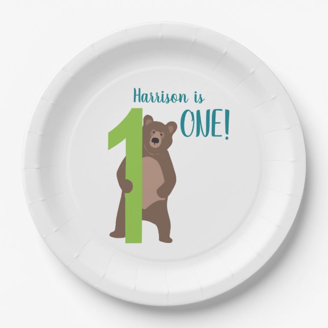 Assiettes En Carton 1er anniversaire Ours Brown minimal moderne (Devant)