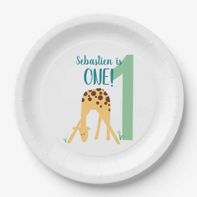 Assiettes En Carton 1er anniversaire personnalisé Giraffe jaune modern (Devant)