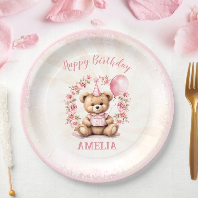 Assiettes En Carton 1er Anniversaire Teddy Bear Plaques de papier rose (1st Birthday Teddy Bear Pink Roses Paper Plates)