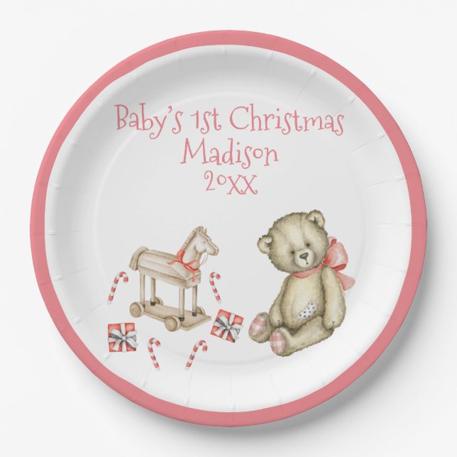 Assiettes En Carton 1er Noël du bébé Personnalisez Pink Cute Baby (Devant)