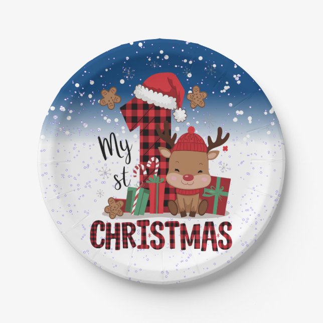 Assiettes En Carton 1er Noël Santa Hat White Neige Bébé Reindeer (Devant)