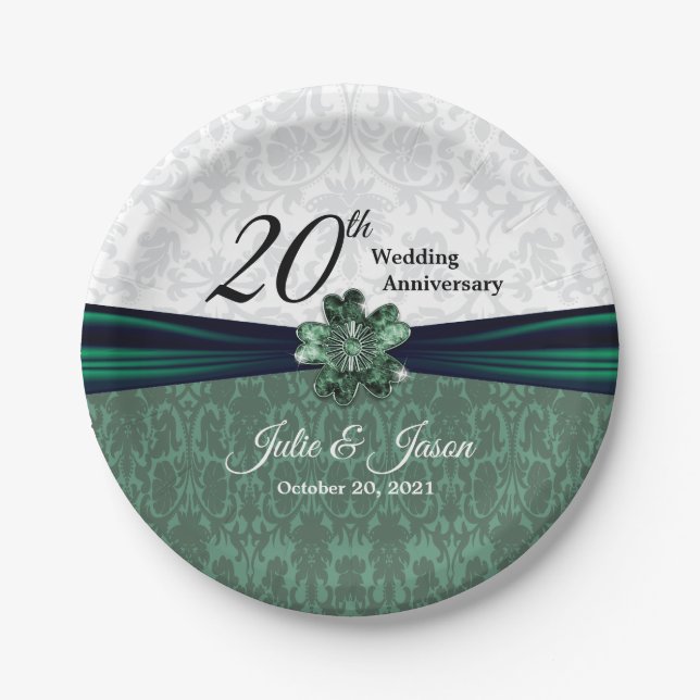 Assiettes En Carton 20e anniversaire d'Emerald Mariage damassé (Devant)