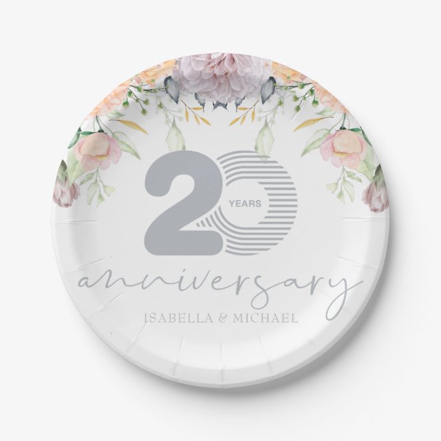 Assiettes En Carton 20e anniversaire du Mariage personnalisé Floral (Devant)