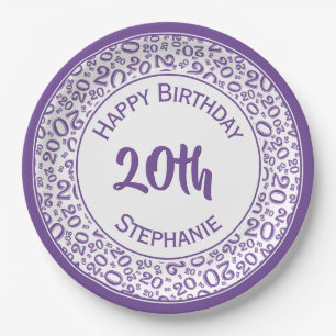 Assiettes En Carton 20e anniversaire Random Numéro Motif Purpel/Blanc