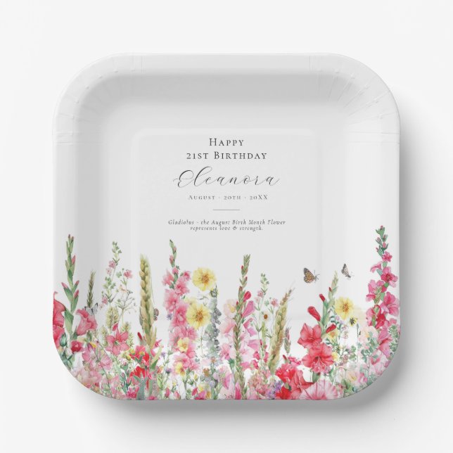Assiettes En Carton 21e Anniversaire Août Fleur de naissance Fournitur (Recto)