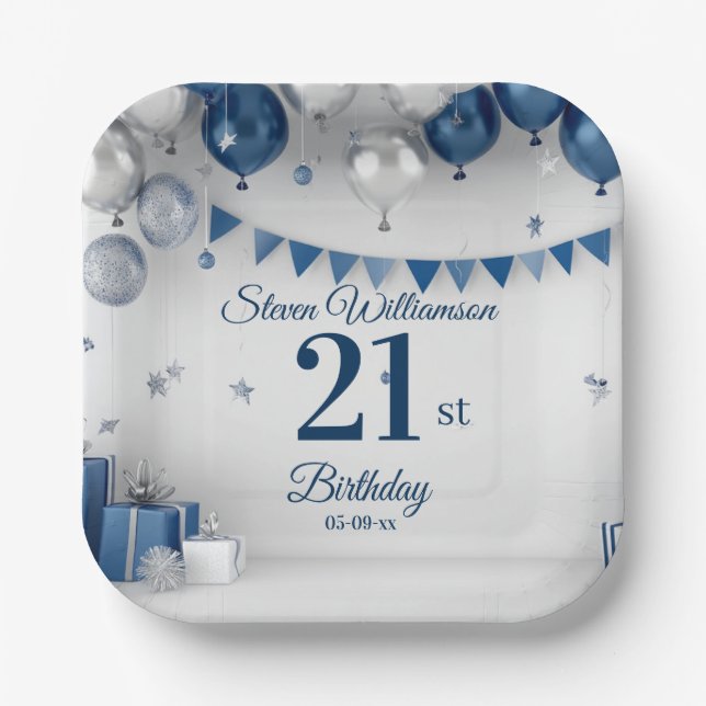 Assiettes En Carton 21e anniversaire Bleu Argent (Recto)