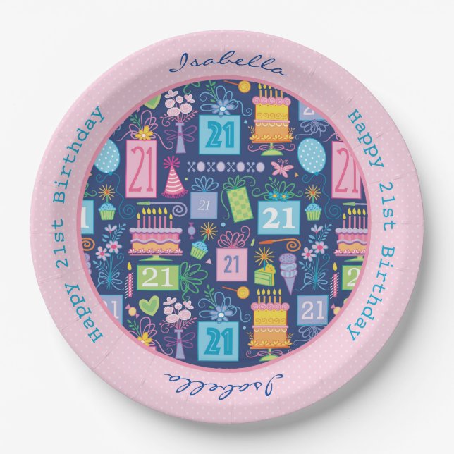 Assiettes En Carton 21e Anniversaire Cake Cupcake Présent Nom personna (Devant)