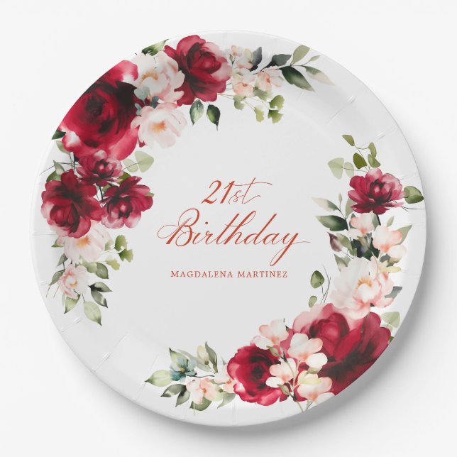 Assiettes En Carton 21e Anniversaire Fête Rouge Rose Floral papier per (Devant)