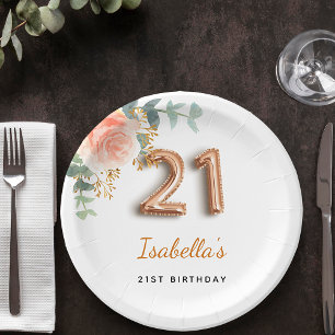 Assiettes En Carton 21e anniversaire floral rose or eucalyptus monogra