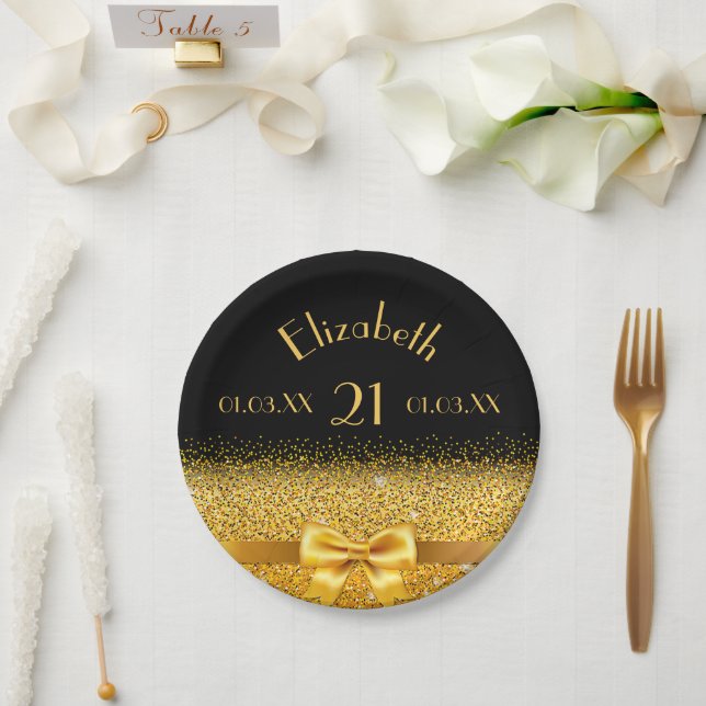 Assiettes En Carton 21e anniversaire noir or élégance nom (Mariage)