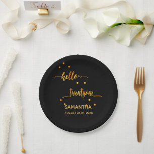 Assiettes En Carton 21e anniversaire noir or hello 21 nom script