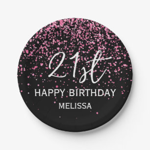 Assiettes En Carton 21e Anniversaire noir Parties scintillant rose cha