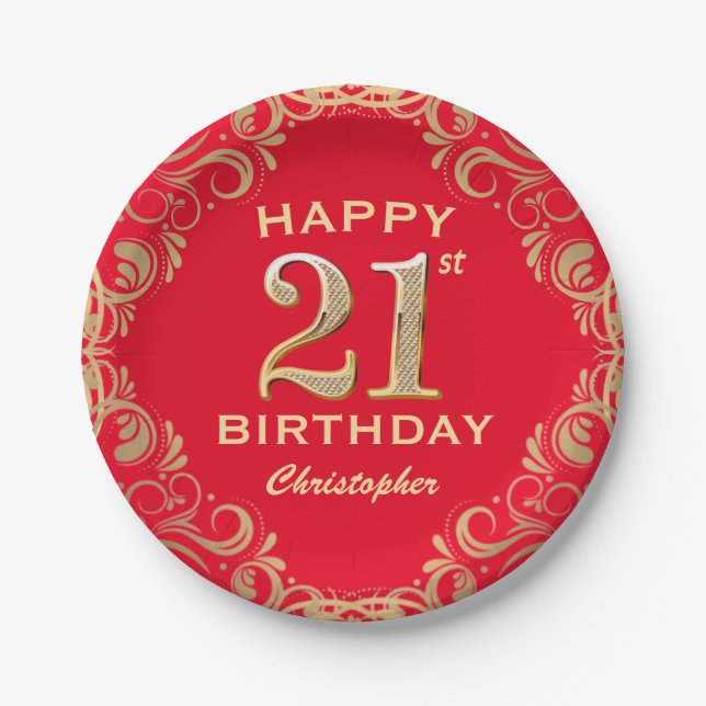 Assiettes En Carton 21e Anniversaire Parties scintillant rouge et or (Devant)