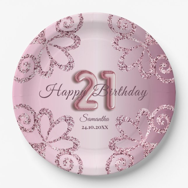 Assiettes En Carton 21e anniversaire Pink Princess Parties scintillant (Devant)