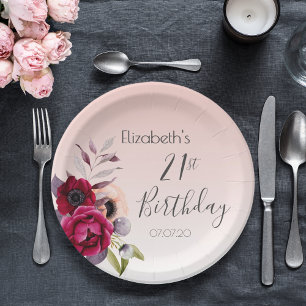 Assiettes En Carton 21e anniversaire rose or blush floraux roses