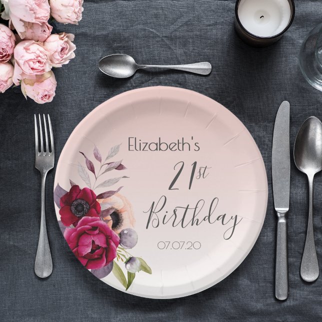 Assiettes En Carton 21e anniversaire rose or blush floraux roses (Créateur téléchargé)