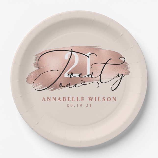 Assiettes En Carton 21e anniversaire Rose or & rose (Devant)