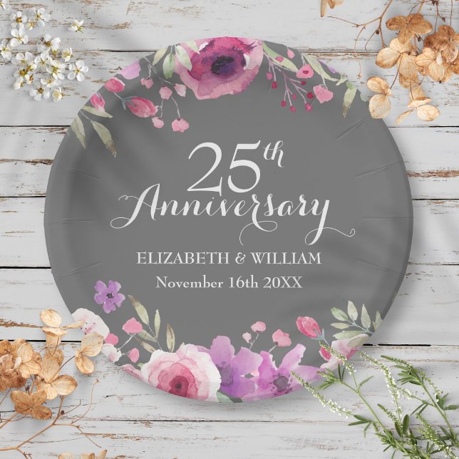 Assiettes En Carton 25e anniversaire de Mariage Roses d'aquarelle (25th Wedding Anniversary Watercolor Roses Paper Plates)